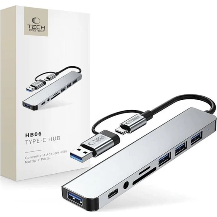 Tech-Protect HB06 HUB Adapter 8in1 mit TYPE-C, 2x USB 2.0, 2x USB 3.0, SD/TF Kartenleser und AV 3.5mm Audioausgang, Grau