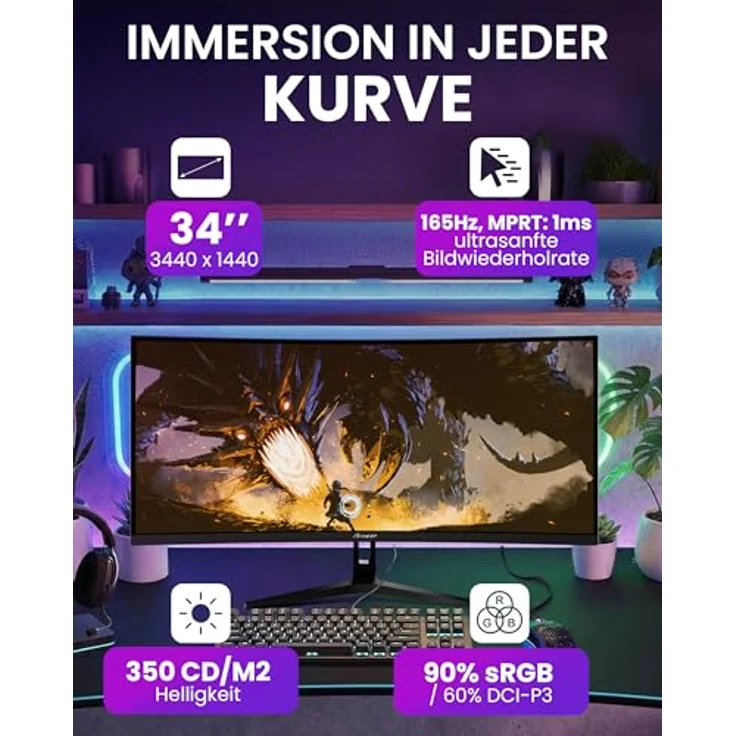 Arozzi Nova 34" Curved Gaming Monitor, Ultrawide QHD 1440p, VA 165Hz, HDR10, Adaptive Sync, flimmerfreies Display, 90% sRGB, Schwarz – Bild 2