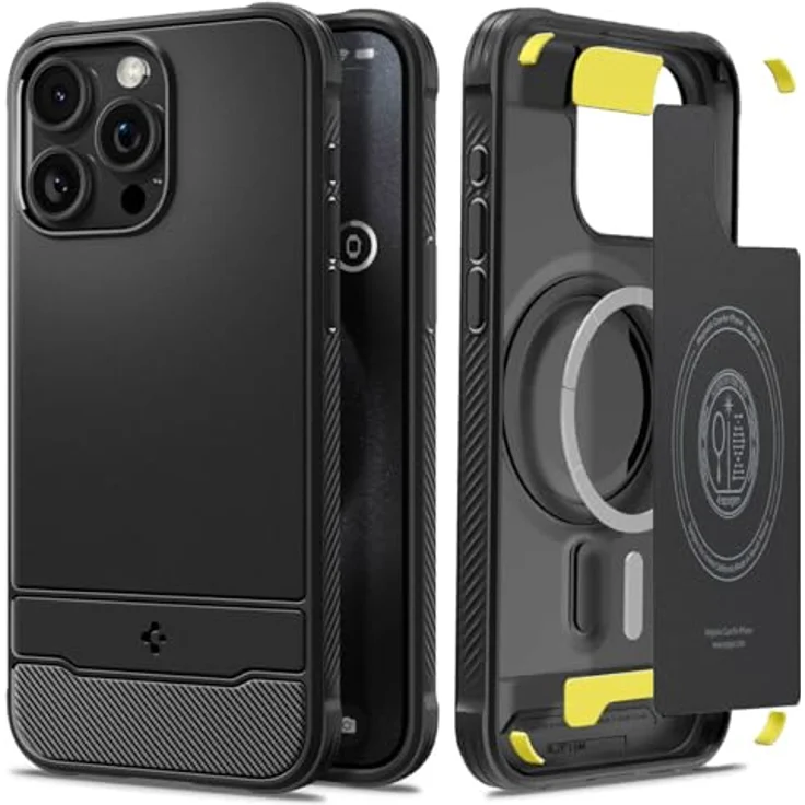 Spigen Rugged Armor MagFit Hülle Kompatibel mit iPhone 15 Pro Max -Matte Black, TPU mit Prägung im Karbon Look – Bild 1