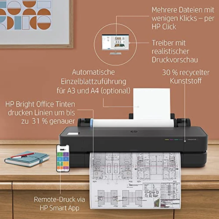 HP Designjet T250 Großformatdrucker Thermal Inkjet Farbe 2400 x 1200 DPI A1 (594 x 841 mm) Eingebauter Ethernet-Anschluss WLAN (5HB06A) – Bild 2