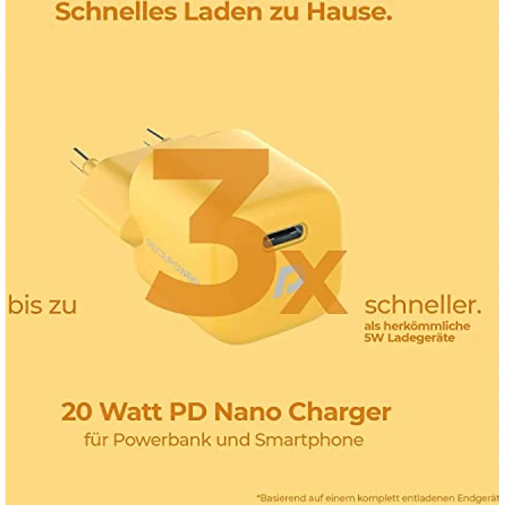 Realpower PB-20000 PowerPack PD Ladeset Powerbank mit 22.5W Power und 20.000mAh Kapazität, Nano USB-C Ladegerät, kompatibel mit iPhone ProMax, iPad, Samsung Galaxy, Google Pixel usw, Gelb – Bild 3