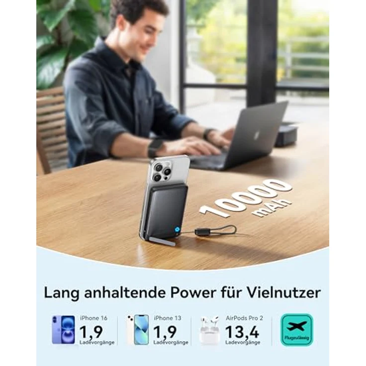 INIU Qi2-zertifizierte 10000mAh Magnetische Powerbank mit 45W Schnellladung, Ultradünn, USB-C in&out, tragbarer 15W Wireless Charger für iPhone 16/15/14 Pro Max MagSafe Case, inklusive Klappständer – Bild 5