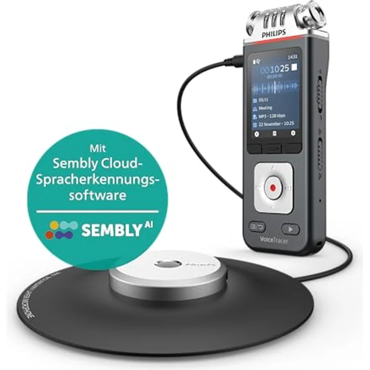 Philips DVT8115 Meeting-Recorder mit 360°-Meeting Mikrofon und Sembly KI-basierten Cloud -Spracherkennung, Schwarz – Bild 1