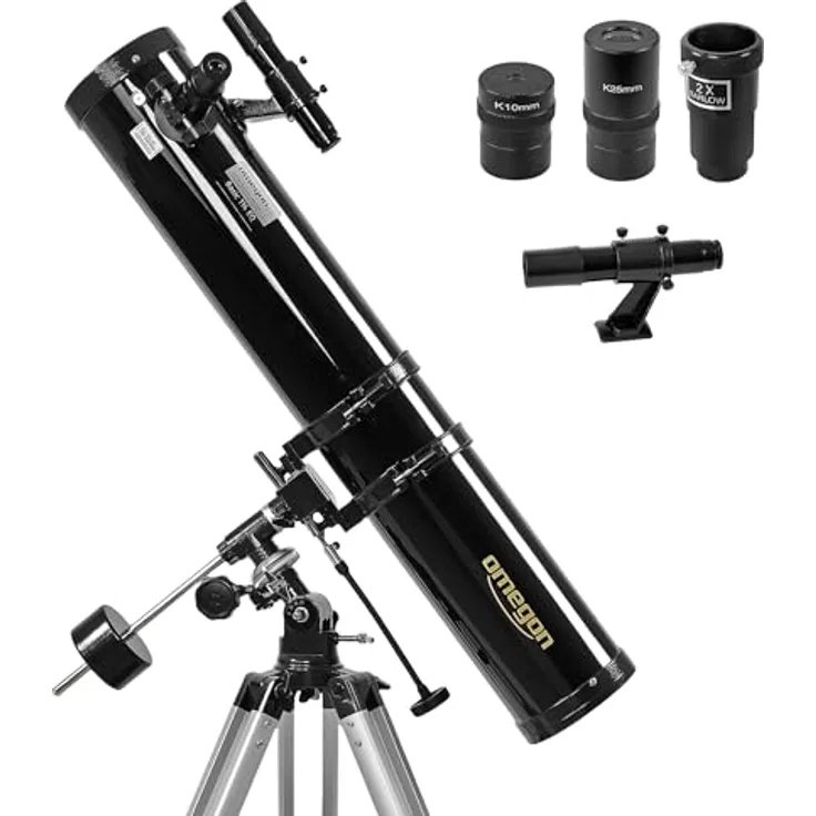 Omegon Teleskop N 114/900 EQ-1, Spiegelteleskop für Einsteiger mit parallaktischer EQ-1 Montierung, präziser Nachführung, ideal für Mond & Planeten, inklusive Zubehörset