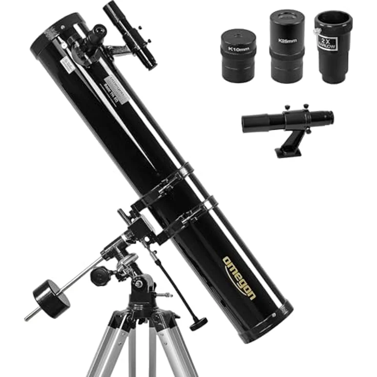 Omegon Teleskop N 114/900 EQ-1, Spiegelteleskop für Einsteiger mit parallaktischer EQ-1 Montierung, präziser Nachführung, ideal für Mond & Planeten, inklusive Zubehörset – Bild 1