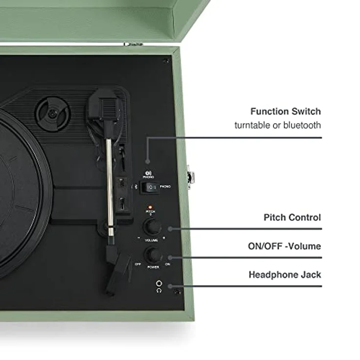 Crosley Voyager Plattenspieler mit 2 Lautsprecher, Bluetooth In & Out und AUX - 3 Speed Retro Schallplattenspieler - Für 7", 10" und 12" Vinyl - Tragbar mit Integriertem Koffer - Sage Grün – Bild 5