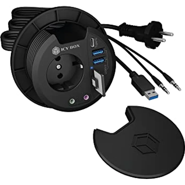 ICY BOX Tisch-Hub mit SD/microSD Kartenleser, 2X Type-A, USB-C, 2X 3,5 mm Audio, IB-HUB1430-CR, 80 mm
