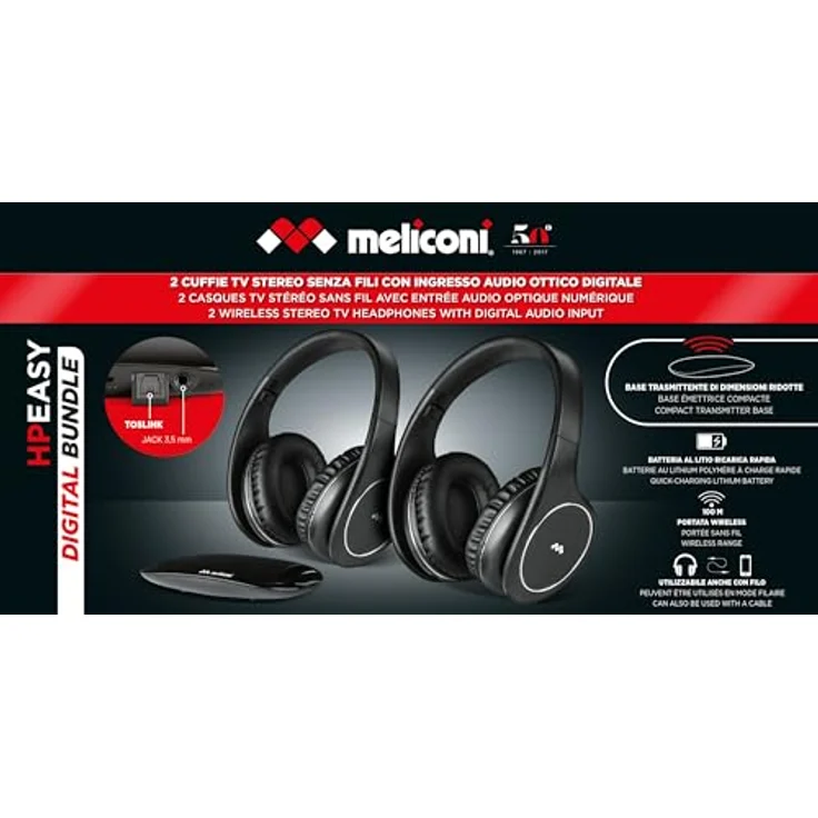 Meliconi Hp Easy Digital Bundle, 2 x kabellose TV-Stereo-Kopfhörer, 100% digital, mit analog-digitaler Audioeingang und Senderbasis – Bild 6