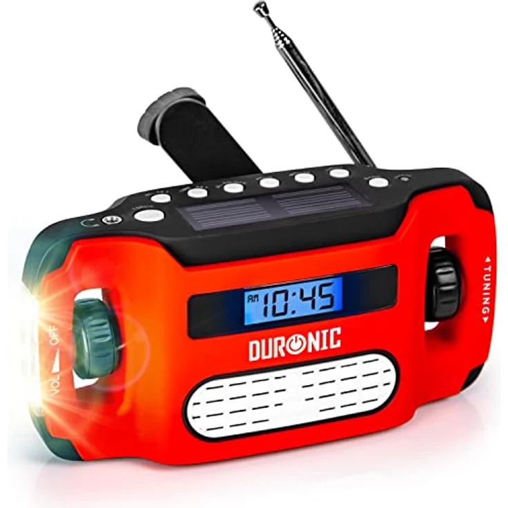 Duronic Apex Radio - Kurbel-Radio mit Taschenlampe und Wecker - Aufladbar mit Solar, Kurbel und USB - Notfallradio mit AM/FM Empfang - 7 Stunden Musik – Bild 1
