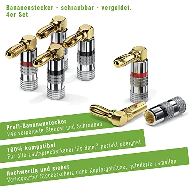 conecto Bananenstecker 4er-Set, 90° gewinkelter Stecker, für alle Lautsprecherkabel mit einem Durchmesser bis max. 6mm², 4 Stück mit Farbcodierung (2x rot, 2x schwarz), 24kt vergoldet – Bild 4