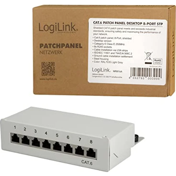 LogiLink Professional Cat.6 (250 MHz) Patchpanel - Verteilerfeld, Tisch-Wand-Desktop, STP (geschirmt) 8-Port (RJ45) – Bild 10
