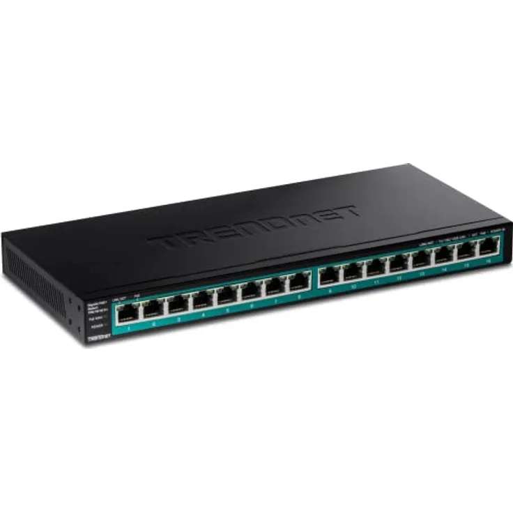 TRENDnet TPE-TG161H 16-Port-Gigabit-PoE+-Switch, 16 x Gigabit-PoE+-Ports, 120 W PoE-Budget, bis zu 30 W pro Port, 1 HE 19-Zoll-Rackmount-Halterungen enthalten, Lüfterlos, Schwarz
