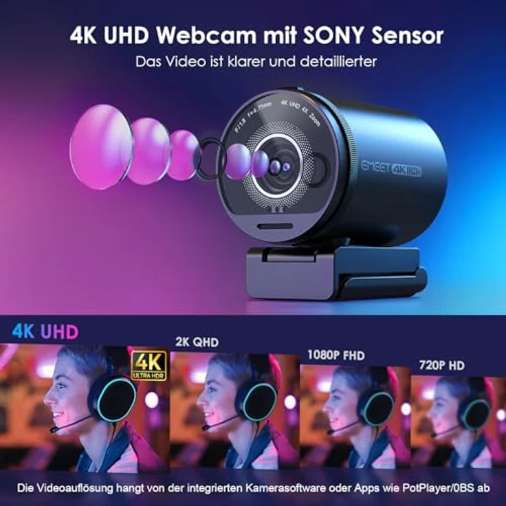 EMEET S800 4K Webcam, 2 Mikrofone, Rauschunterdrückung, 73° Sichtfeld, HDR 1080p@60FPS für Live-Streaming, Gaming, Zoom – Bild 2