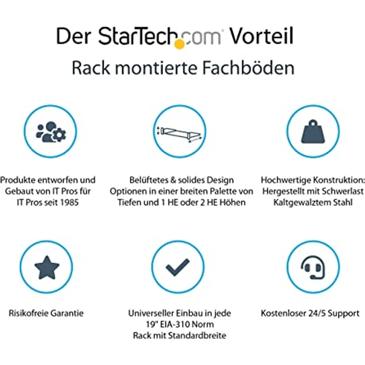StarTech.com 2HE Server Rack Fachboden - Universelles perforiertes Rackablage für 19 Zoll Netzwerk/Serverschrank - Heavy Duty Stahl - Belastbarkeit 23kg - 40 cm tiefer Fachboden, Schwarz (CABSHELFV) – Bild 2