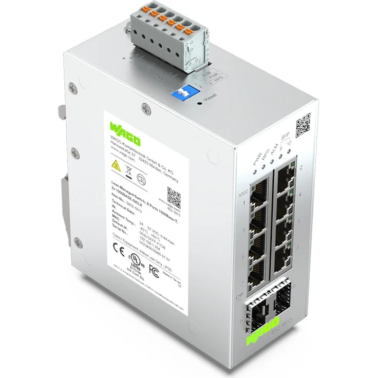Wago Lean-Managed-Switch 852-1813, 8-Port 1000BASE-T Ethernet Switch mit PoE, DIN-Schienenmontage, IP30