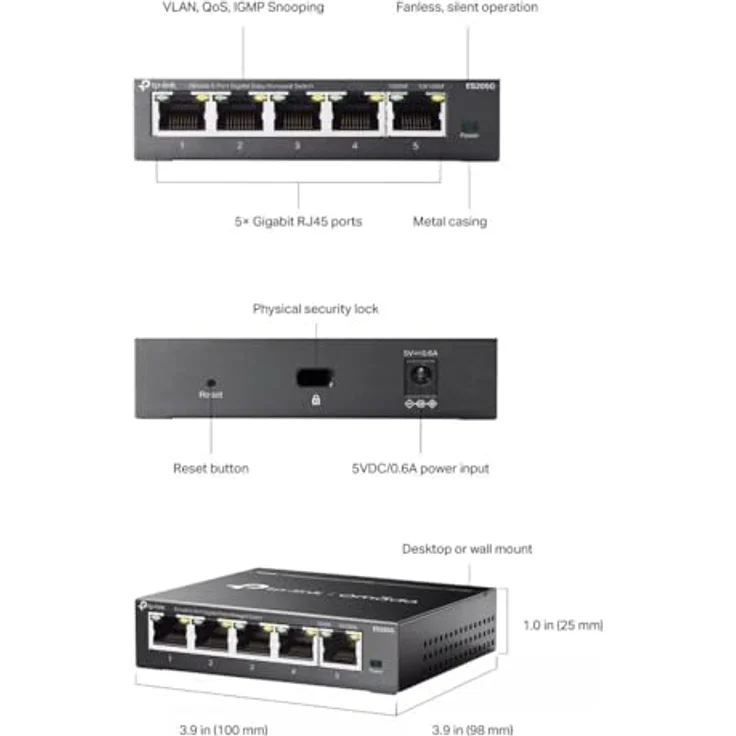 TP-Link Omada ES205G 5-Port Gigabit Easy Managed Switch, leises lüfterloses Design, Omada Cloud Management – Bild 5