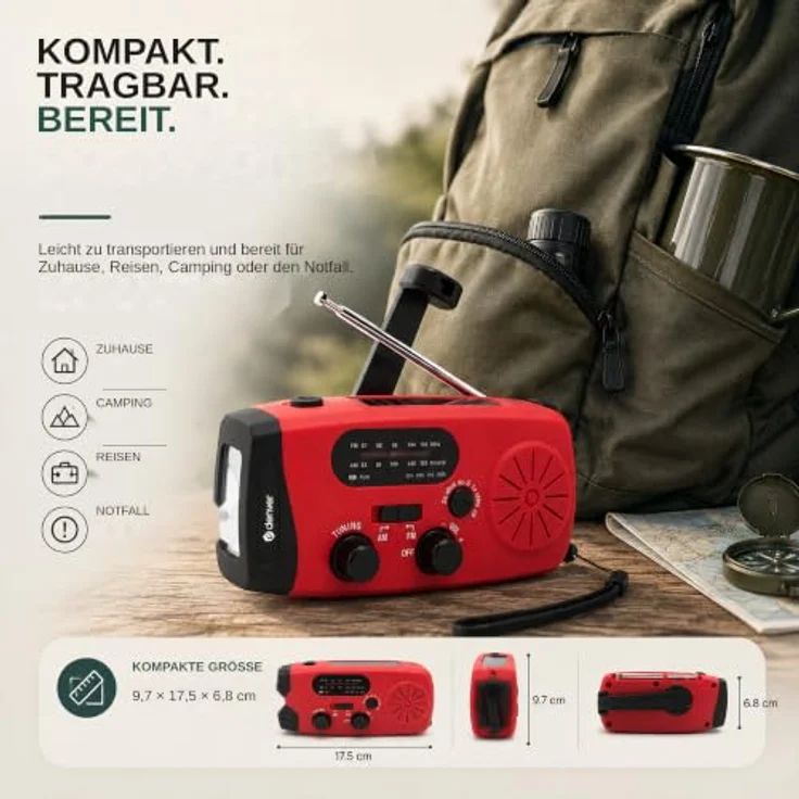DENVER SCR-2007, Notfallradio mit Solar- und Dynamo-Antrieb, 2000 mAh Powerbank, FM, rot – Bild 7