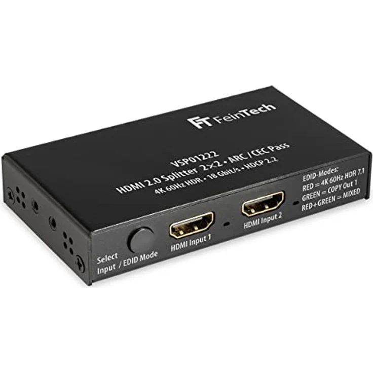 FeinTech VSP01222 HDMI 2.0 Splitter 2 Eingänge 2 Ausgänge Scaler ARC Pass für AV-Receiver 4K 60Hz HDR, Schwarz – Bild 3