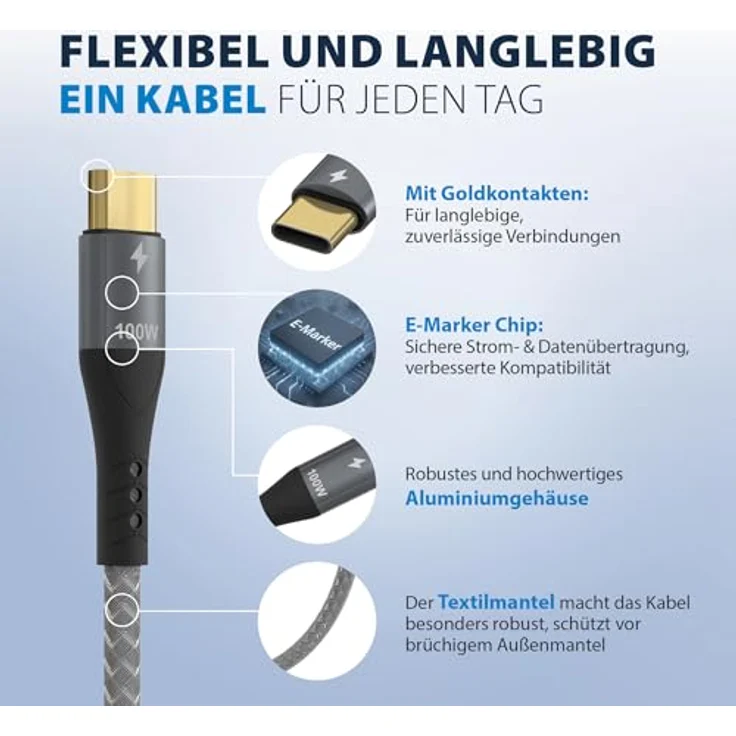 EFB USB-C Kabel, 100W PD 3.0, 10 Gbit/s, 4K Video, E-Marker Chip, 0,5m, grau – Bild 7