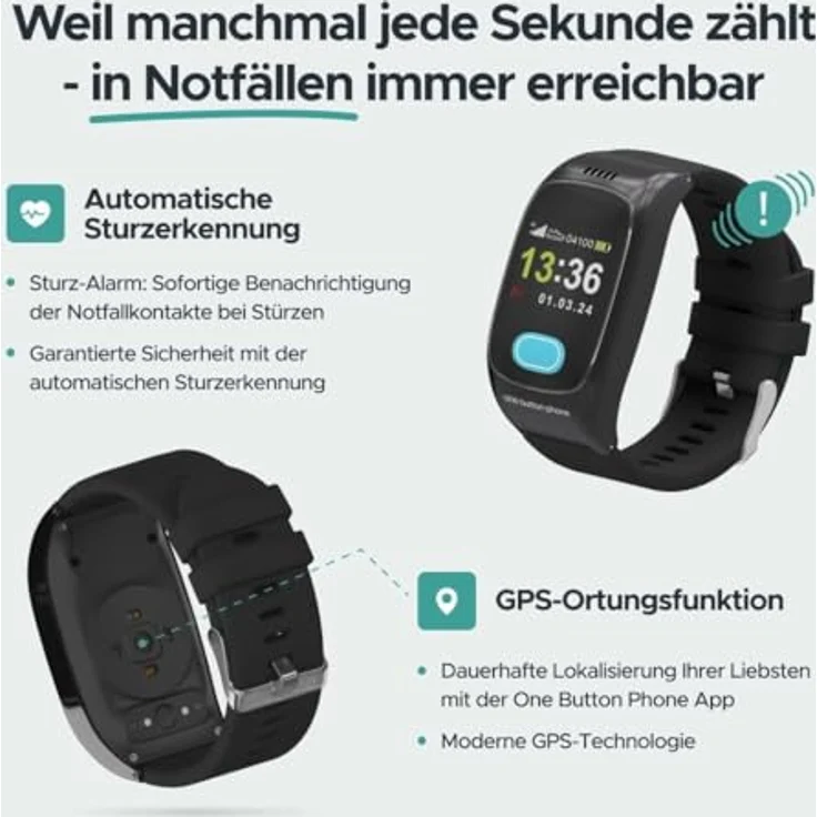 one button phone Senioren Smartwatch Notrufuhr mit SOS-Taste, automatischer Sturzerkennung und GPS-Ortung, Modell 2024 – Bild 6