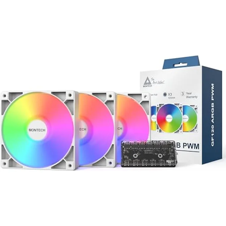 Montech GF120 PWM ARGB Gehäuselüfter, 3er Pack - 120mm, weiß, digital adressierbare RGB-Beleuchtung