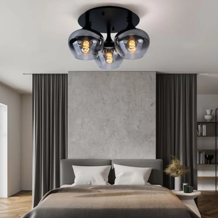 Globo Deckenleuchte Rauchglas Esszimmerleuchte rund Glaskugel Schlafzimmer, Metall schwarz, 3x E27, DxH 45x25,5 cm – Bild 3