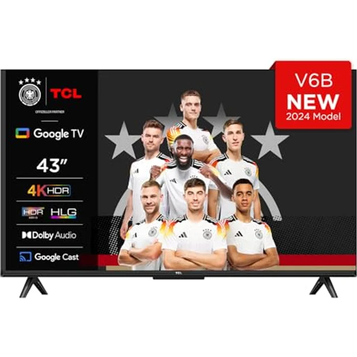 TCL 43V6B 43 Zoll, 4K Ultra HD, HDR TV, Smart TV unterstützt von Google TV (Dolby Audio, Motion Clarity, Sprachsteuerung, Kompatibel mit Google Assistant, Chromecast eingebaut) in Schwarz – Bild 1