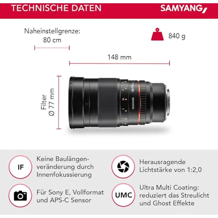 Samyang 135-2,0 Objektiv APS-C Sony E manueller Fokus Fotoobjektiv, Spiegelobjektiv Teleobjektiv schwarz – Bild 2