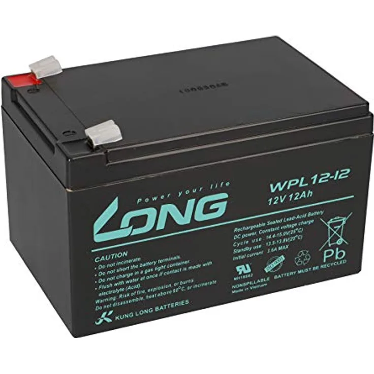 Kung Long WPL12-12, 12V 12Ah Bleiakku, wartungsfreier AGM-Akku für Sicherheitstechnik, Brandmeldeanlagen, USV und Notstromanlagen
