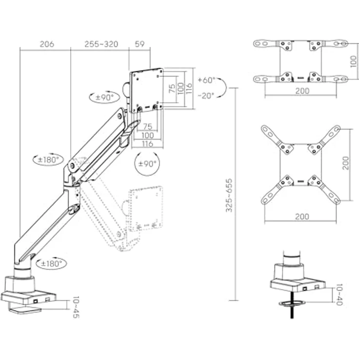 HALTERUNGSPROFI Monitor Halterung Extrastark bis 27kg bis 57 Zoll Tragarm mit Gasdruckfeder LED LCD Monitore VESA 75x75 100x100 200x200 Office-GS612AEX, Schwarz – Bild 3