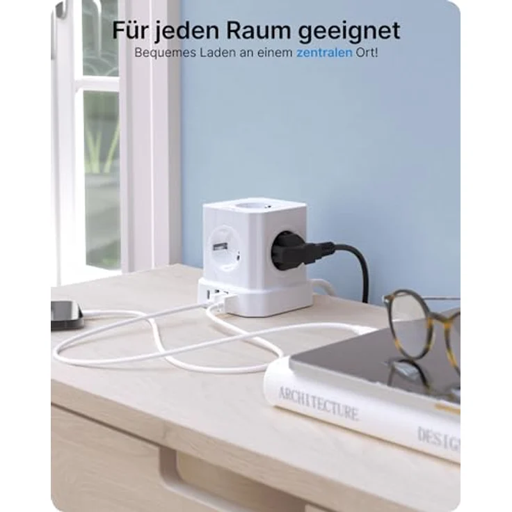 Voomy VOOMY 9-in-1 Steckdosenwürfel mit USB, Steckdosenleiste 5-Fach mit 4 USB, Mehrfachsteckdose mit Schalter, Steckdosenleiste Überspannungsschutz, 2500W Powercube 2M Kabel für Büro, Zuhause, Weiß – Bild 3