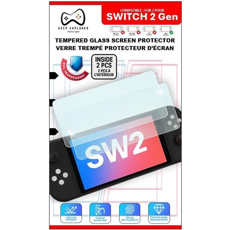 Deep Explorer Tempered Glass Screen Protector, Displayschutzfolie für Nintendo Switch 2, inklusive Anbringungsset und 2 Folien