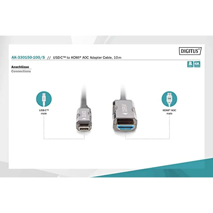 Digitus USB - Type C zu HDMI AOC Glasfaser Adapterkabel HDMI Version 2.0; Max 4Kx2K@60Hz; 10m – Bild 2