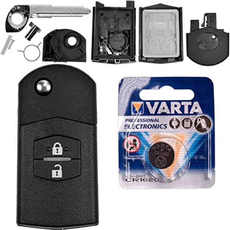 mt-key Auto Klapp Schlüssel Ersatz Gehäuse 2 Tasten mit Rohling und VARTA CR1620 Knopfzelle für Mazda 5 CW 2 DE 3 BK 6 SW BT-50 CX-9 CX-7 Funk Fernbedienung – Bild 1