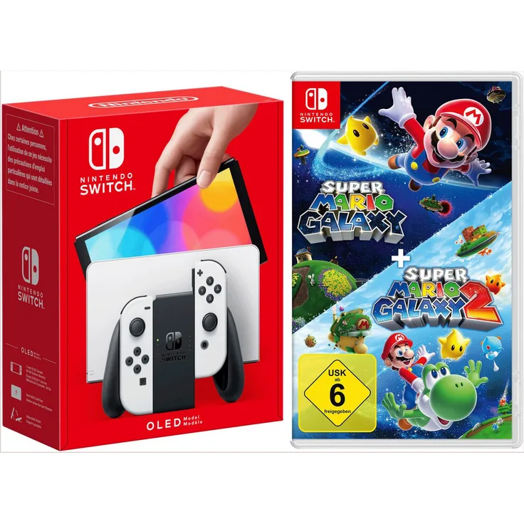 Nintendo Switch NSW OLED Konsole weiss, 7-Zoll-OLED-Bildschirm, inkl. Super Mario Galaxy 1+2