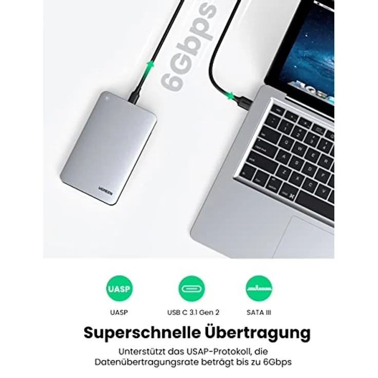 UGREEN USB to USB C Gen2 2,5'' Festplattengehäuse, Type-C 3.1 Gen2 UASP, Unterstützt bis zu 10 TB, angenehme Handhabung, JUO Qualität, schwarz – Bild 3