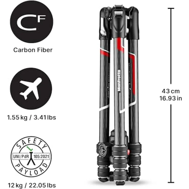 Manfrotto Befree Advanced GT Carbon Reisestativ Twist (Drehverschluss) mit Kugelkopf, inkl.Tasche (für Canon, Nikon, Sony, DSLR, CSC, Spiegellose Kamera, Traglast:10kg, Packmaß:43cm, Gewicht:1,55kg) – Bild 4