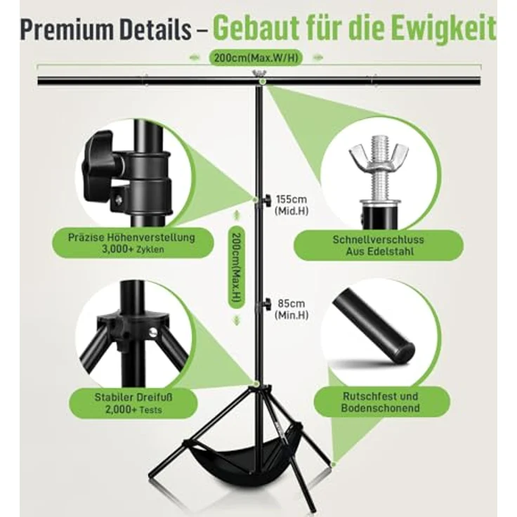 Heysily Fotohintergrund Schwarz mit Ständer 2x2m & 1.5x2m – Waschbares, rutschfestes Tuch Backdrop Set für Fotostudio, Porträts und Streaming, höhenverstellbar von 68–200 cm – Bild 2