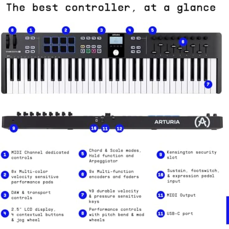 Arturia - KeyLab Essential 61 mk3 - MIDI Controller-Keyboard für die Musikproduktion - 61 Tasten, 9 Drehregler, 9 Fader, ein Modulationsrad, ein Pitch-Bend-Rad, 8 Pads - Schwarz – Bild 3