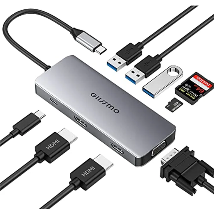 GIISSMO Docking Station 2 HDMI, USB C Hub mit Dual HDMI 4K, VGA, 3 USB-A, 100W PD und TF/SD-Kartenleser, Dreifach Monitor Adapter für MacBook Pro/Air und HP Dell Lenovo Huawei Laptops