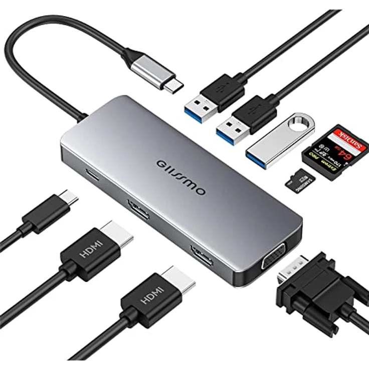 GIISSMO Docking Station 2 HDMI, USB C Hub mit Dual HDMI 4K, VGA, 3 USB-A, 100W PD und TF/SD-Kartenleser, Dreifach Monitor Adapter für MacBook Pro/Air und HP Dell Lenovo Huawei Laptops – Bild 1