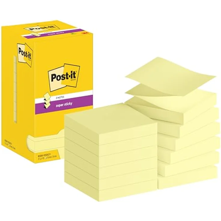 Post-it Super Sticky Z-Notes, Haftnotizblock 76 x 76 mm, gelb, 12x 90 Blatt, Z-Faltung für einfache Einzelblattentnahme – Bild 1