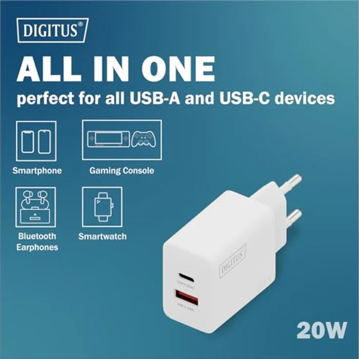 DIGITUS USB-Ladegerät 2-Port, USB-C und Typ-A, bis zu 20W, Schnellladegerät, geeignet für Handys, Tablets, Smartwatches, Bluetooth-Kopfhörer, Weiß – Bild 2