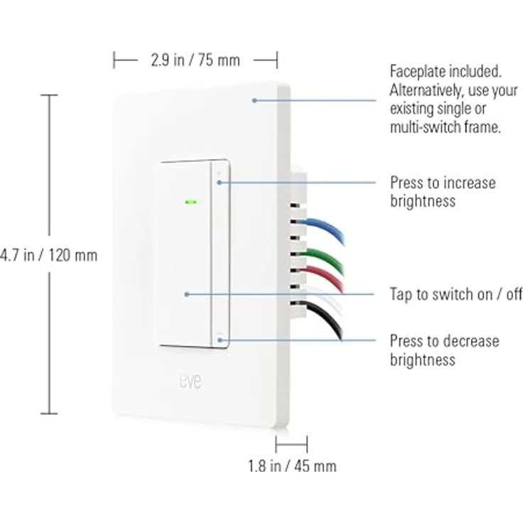 Eve Dimmer Schalter (Matter) - Smart Dimmer für Apple Home/Alexa/Google Home/SmartThings, einpolig & 3-Wege-Kompatibel, flimmerfreies Dimmen, benötigt Gewinderand-Router und Neutraldraht – Bild 5