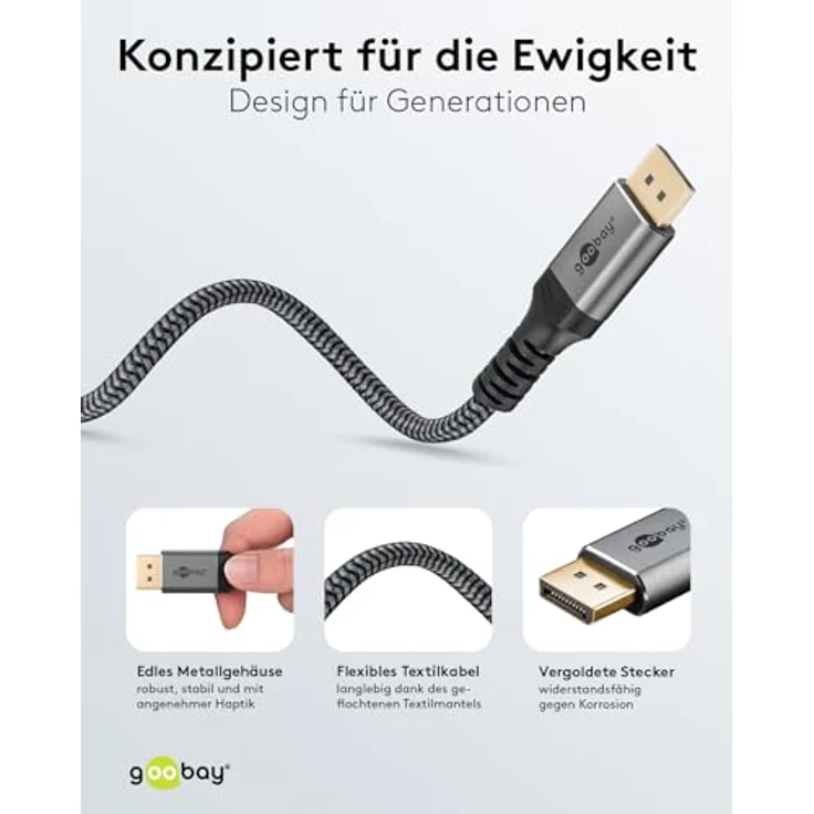 goobay 65264 Displayport Kabel 1.4 Grau, Auflösung bis 8K@60Hz, 32,4 Gbit/s, Gaming & Video Streaming, Vergoldete Stecker – Bild 4
