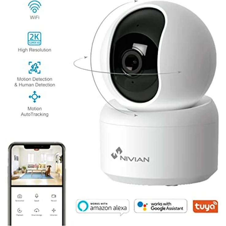 NIVIAN WLAN‑Innenkamera 360° SuperHD 2K mit Nachtsicht, Zwei‑Wege‑Audio, Menschenerkennung & Auto‑Tracking, MicroSD (Nicht enthalten) – Bild 2
