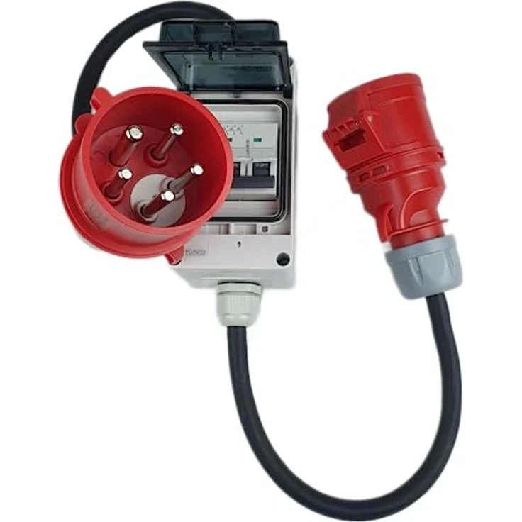RoadEu - CEE Adapter 32A auf 16A mit Phasenwender - Starkstrom Adapter 32A Stecker auf 16A Kupplung mit Leitungsschutzschalter 16A C - 1 Meter - CEE Verlängerungskabel - Wasserfest und solide konstruiert, IP44, schwarz – Bild 1