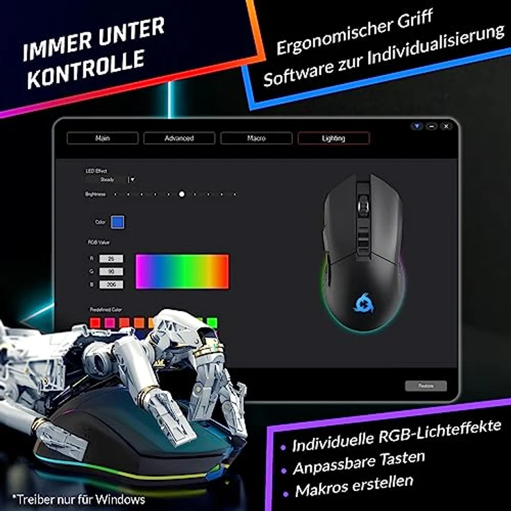 KLIM Blaze - Wiederaufladbare kabellose RGB Gaming Maus - NEU 2023 - Hochpräziser Sensor mit Langer Akkudauer - Einstellbar auf bis zu 10000 DPI - Kabel- und Funk Maus Modus (Schwarz) – Bild 5