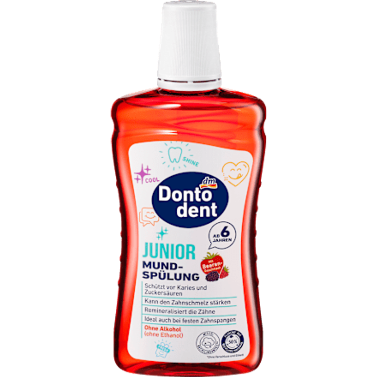 Dontodent Junior Mundspülung 500 ml – Beerengeschmack, ohne Alkohol, mit Bi-Fluorid & Panthenol, ideal für Zahnspangen