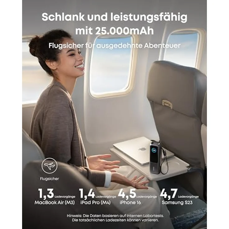 Anker Laptop Powerbank, 25.000mAh externer Akku mit 3X 100W USB-C Ports, Integriertes + einziehbares Kabel, Für iPhone 16/15, MacBook, Samsung - Schwarz – Bild 4